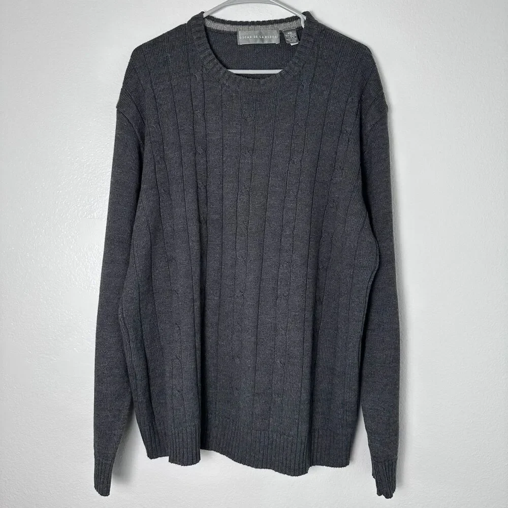 Oscar De La Renta Mens-XXL Sweater Gray Cable Knit Preppy Office Casual Workwear